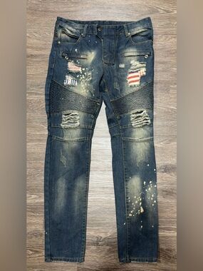 Moto jeans, Mens, Lined w red, white and blue, fabric in the holes. 32x3
